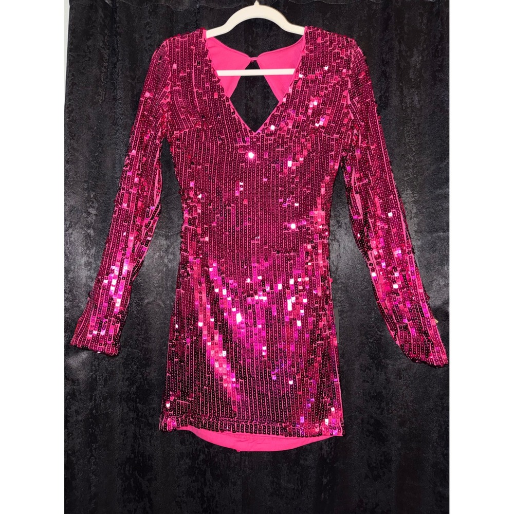 Lulus Hot Pink Sequin Mini Dress Long Sleeve Back Cutout Fuchsia Party Size M